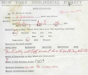 Jerry Johnson, the Bronx Zoo's Curator of Exhibits and Graphic Design, estimated Bronx Zoo attendance for Sunday, April 26th, 1970 at between 50,000 and 1,000,000 visitors.