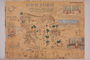 Post-conservation treatment photo of Helen Tee Van's illustration "Nonsuch, Alias...", depicting the facilities and inhabitants of William Beebe's Department of Tropical Research station on Nonsuch Island, Bermuda